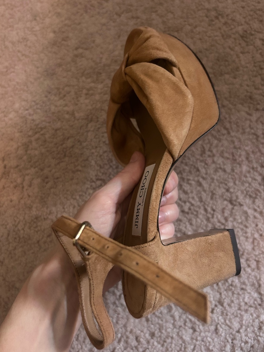 Jimmy Choo Tan Suede Knot Heloise 85 Platform Sandals Size 38 - Picture 7 of 9